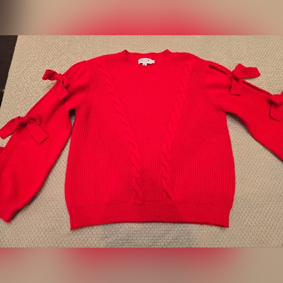 Molly Bracken By ANTROPOLOGY Red Cable Knit Sweater with Bow Details Size Lge - Picture 11 of 13